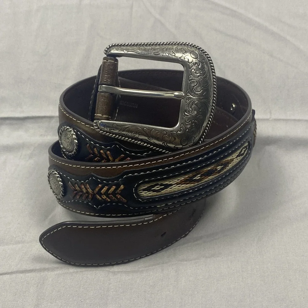 Western Tooled Genuine Leather Belt Men's Brown Engraved Buckle Cowboy 38 - 40 - Picture 15 of 15